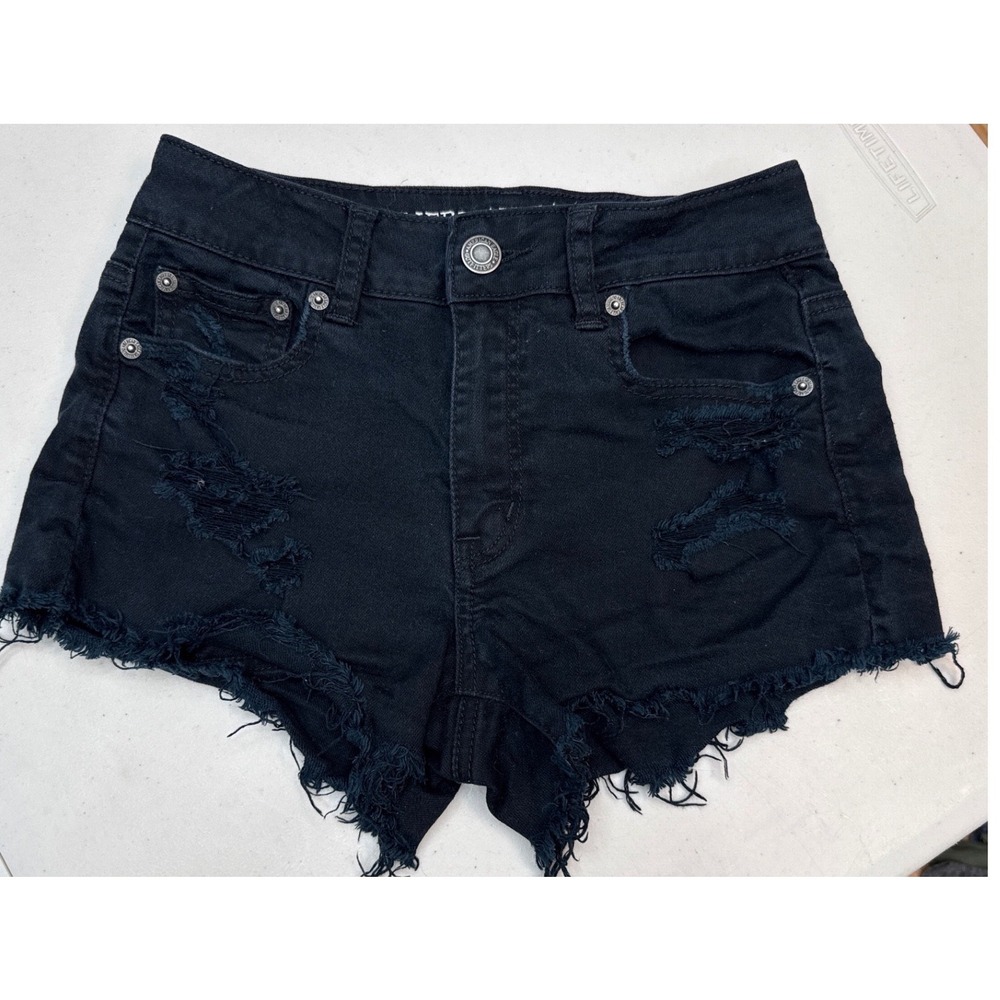 American Eagle High Rise Festival Denim Shorts Womens Size 2 Black Distressed